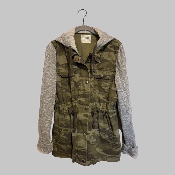 Mudd Y2K 90,s Grunge Utility Camo Military Hooded Full Zip Snap Fatigue Jacket M - Picture 1 of 7